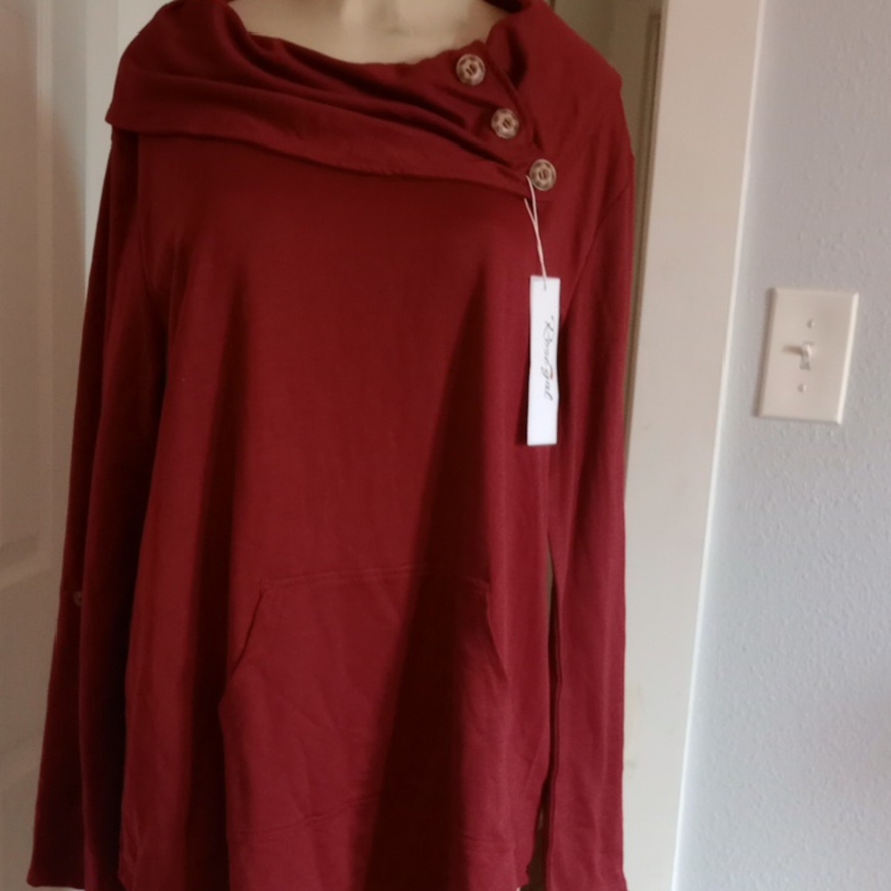 Stylish Red Cowl Neck Top with Buttons Rose Gal